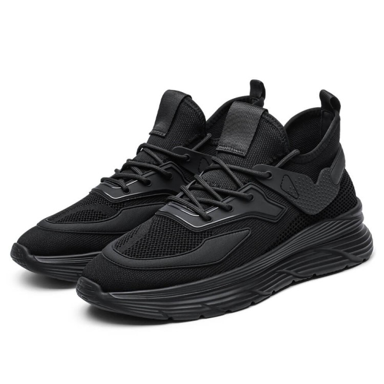 Black Knit Elevator Sneakers for Men - Breathable Height Increasing Sports Shoes 6CM / 2.36 Inches