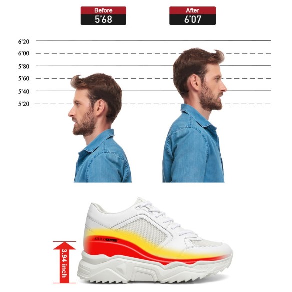 GoldMoral Men’s White Leather Elevator Shoes Invisible Height Boost Sneakers 10CM / 3.94 Inches